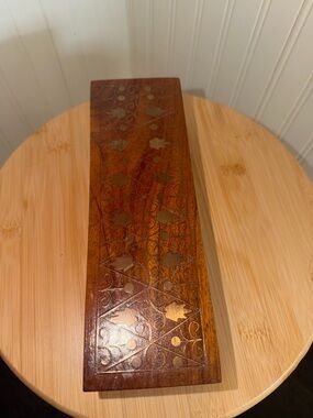 Handmade Wood Box Intricate Brass Inlay Scroll Leaves Crushed Red Velvet inside
